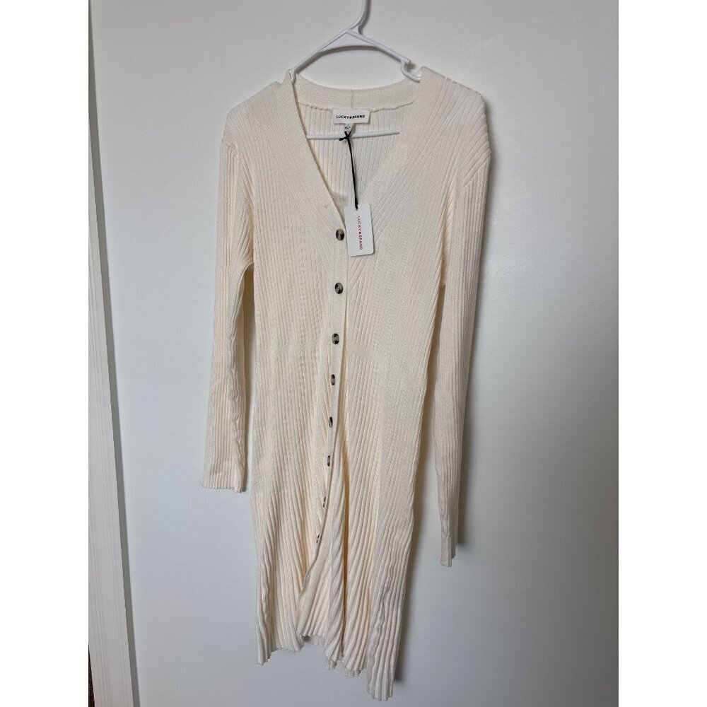 Lucky Brand Womens Ribbed Cream Button-Front Cardigan Dress Long Sleeve, new wit